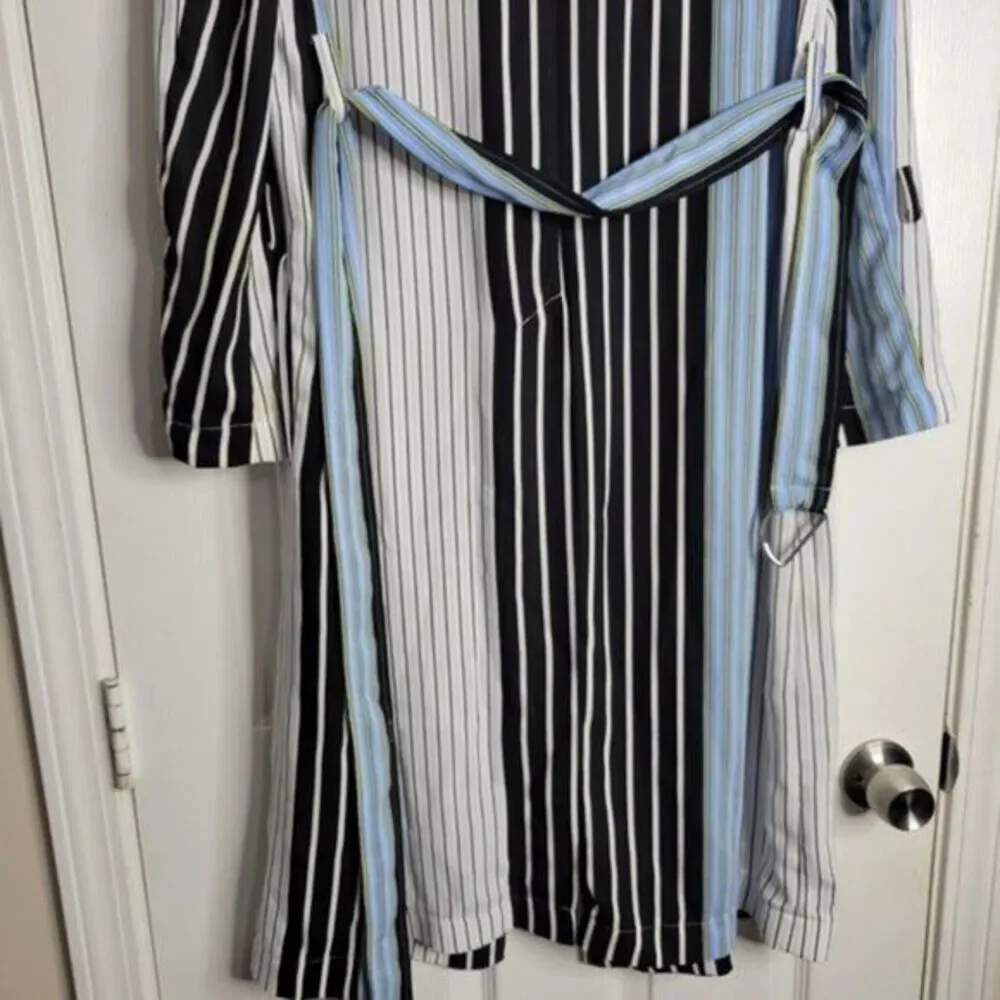 BCBGMAXAZRIA Shirt Jacket Small Black Blue Stripe Trech Belt Pockets Lightweight - Picture 11 of 11